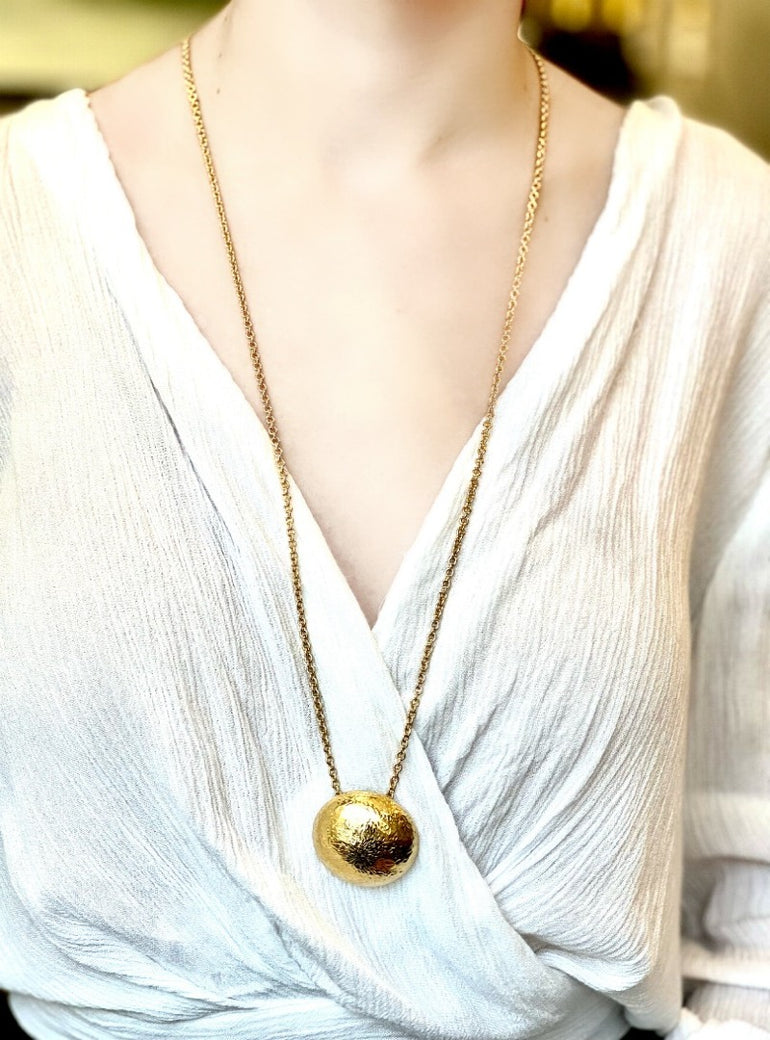 30" long gold delicate chain with 2" textured gold pendant 